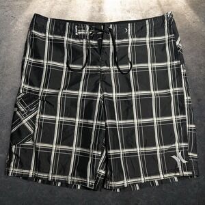 Hurley Plaid Board Shorts Black White Skater Y2K Surf Swim Trunks Size 38